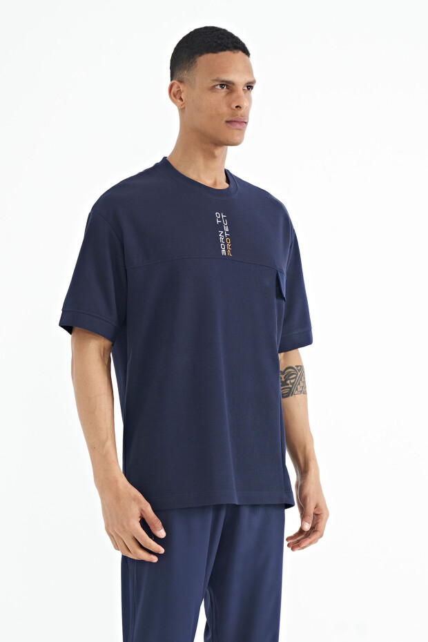 İndigo Gizli Cep Detaylı Baskılı Oversize Erkek T-shirt - 88244