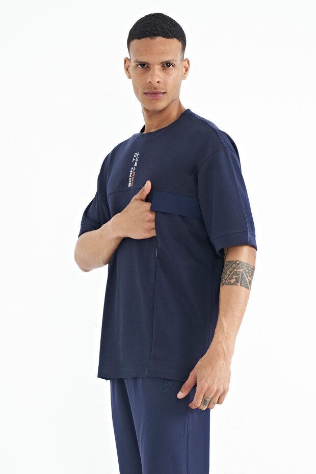 İndigo Gizli Cep Detaylı Baskılı Oversize Erkek T-shirt - 88244