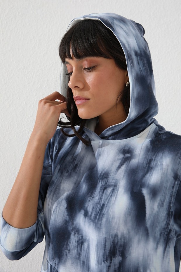 İndigo Karışık Desenli Büzgü Detaylı Rahat Form Kapüşonlu Kadın Sweatshirt - 97131
