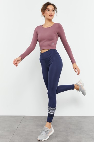 İndigo Yüksek Bel Yazı Baskılı Slim Fit Dar Paça Kadın Tayt - 94544 