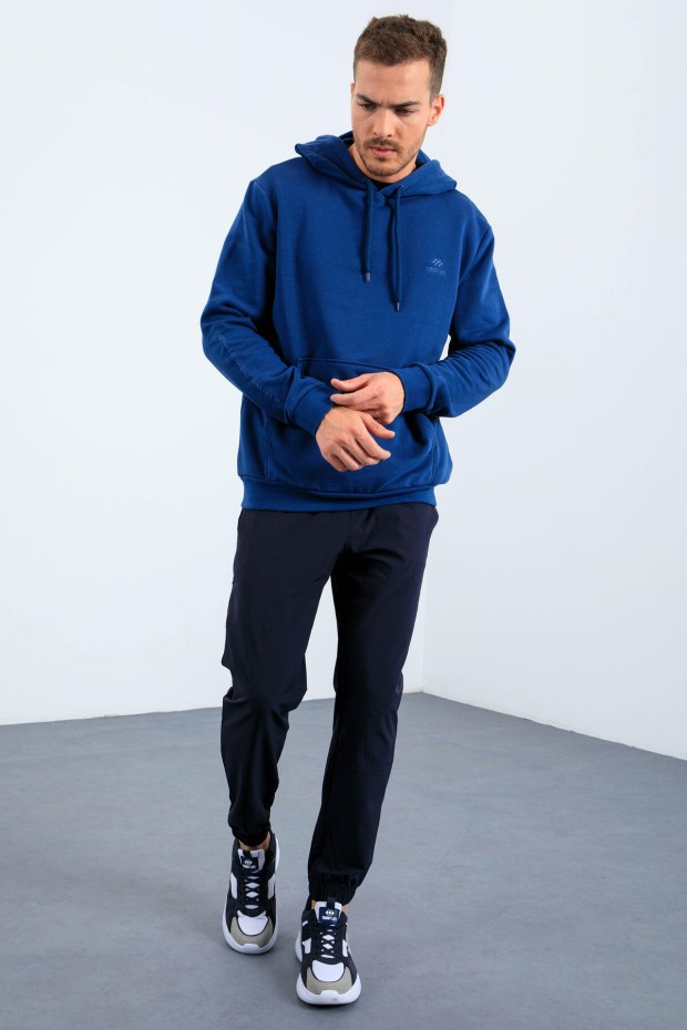 İndigo Kanguru Cep Kapüşonlu Rahat Form Erkek Sweatshirt - 88013