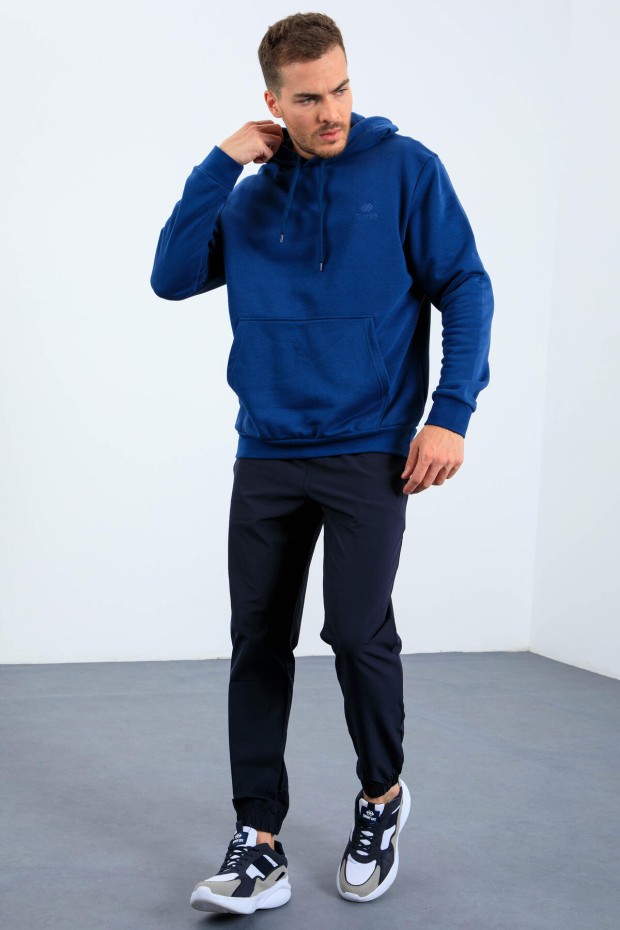 İndigo Kanguru Cep Kapüşonlu Rahat Form Erkek Sweatshirt - 88013