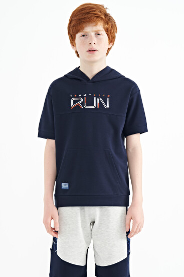 İndigo Kanguru Cepli Kapüşonlu Oversize Erkek Çocuk T-Shirt - 11160 