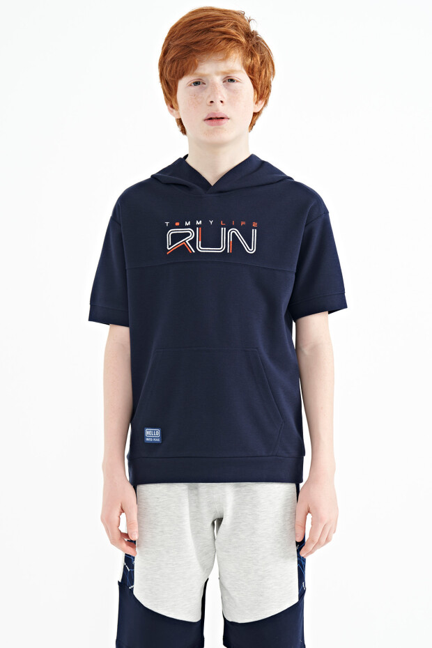 İndigo Kanguru Cepli Kapüşonlu Oversize Erkek Çocuk T-Shirt - 11160