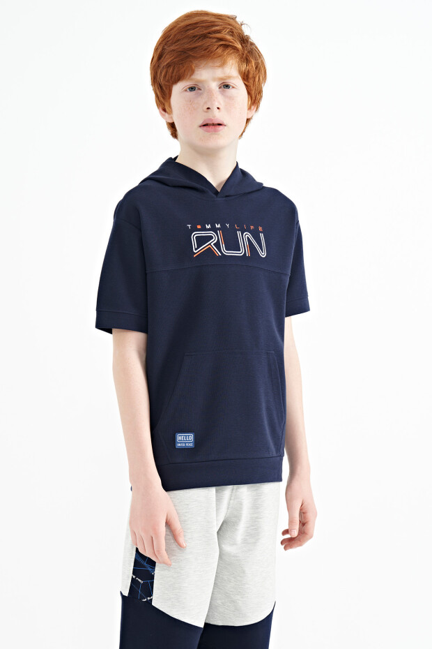 İndigo Kanguru Cepli Kapüşonlu Oversize Erkek Çocuk T-Shirt - 11160