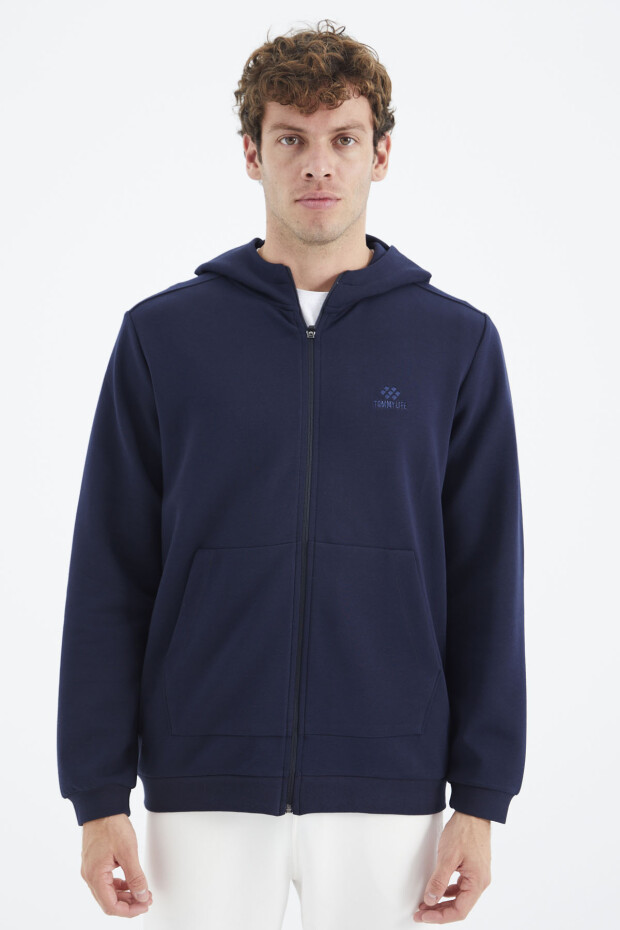 İndigo Kapüşonlu Fermuarlı Cep Detaylı Rahat Kalıp Erkek Sweatshirt - 88275