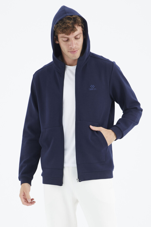 İndigo Kapüşonlu Fermuarlı Cep Detaylı Rahat Kalıp Erkek Sweatshirt - 88275