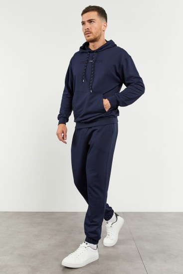 İndigo Kapüşonlu Kanguru Cep Lastik Paça Erkek Oversize Eşofman Takımı - 85117 