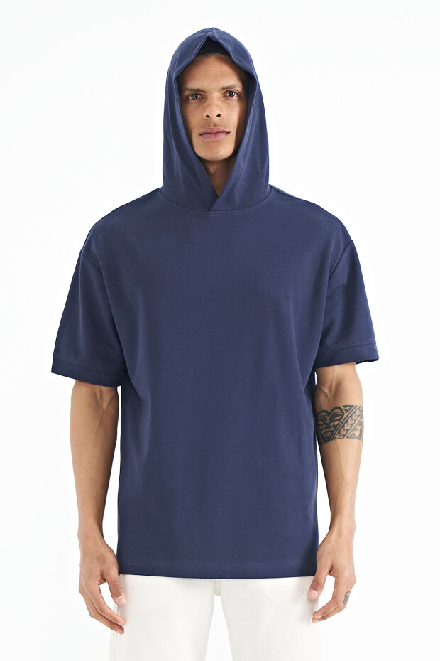 İndigo Kapüşonlu Kol Etiket Detaylı Oversize Erkek T-shirt - 88179 - 3