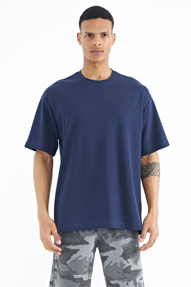 İndigo Kol Arma Detaylı Basic Oversize Erkek T-Shirt - 88193 - 1