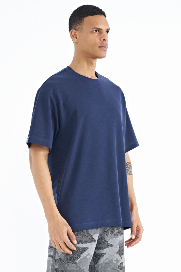 İndigo Kol Arma Detaylı Basic Oversize Erkek T-Shirt - 88193 - 4