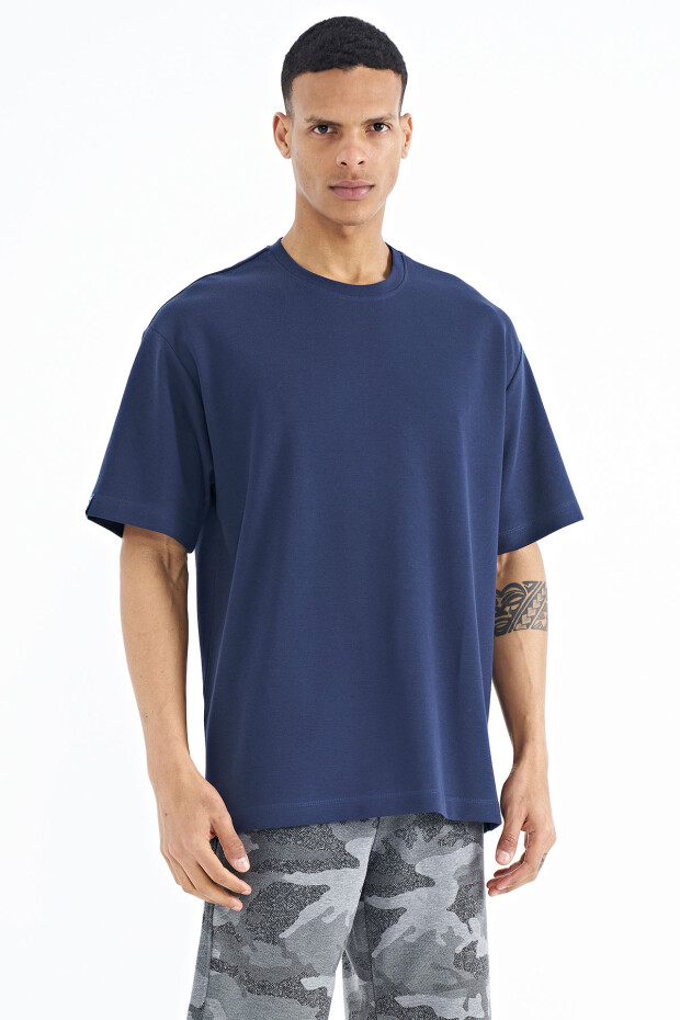 İndigo Kol Arma Detaylı Basic Oversize Erkek T-Shirt - 88193 - 5
