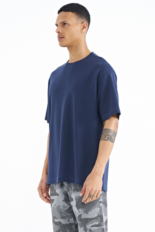 İndigo Kol Arma Detaylı Basic Oversize Erkek T-Shirt - 88193 - 6