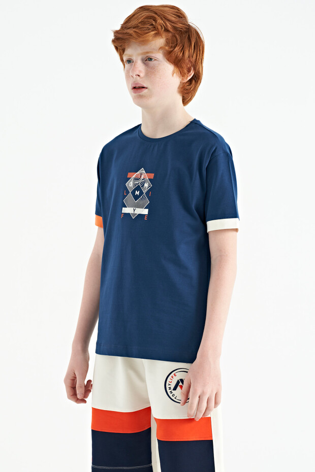 İndigo Kol Ucu Renkli Detaylı Baskılı Oversize Erkek Çocuk T-Shirt - 11137