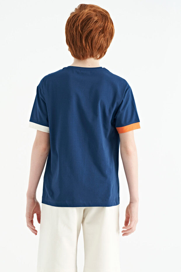 İndigo Kol Ucu Renkli Detaylı Baskılı Oversize Erkek Çocuk T-Shirt - 11137