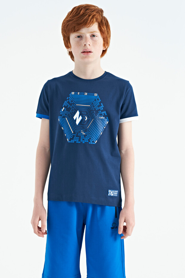 İndigo Kol Ucu Renkli Detaylı Baskılı Standart Kalıp Erkek Çocuk T-Shirt - 11156