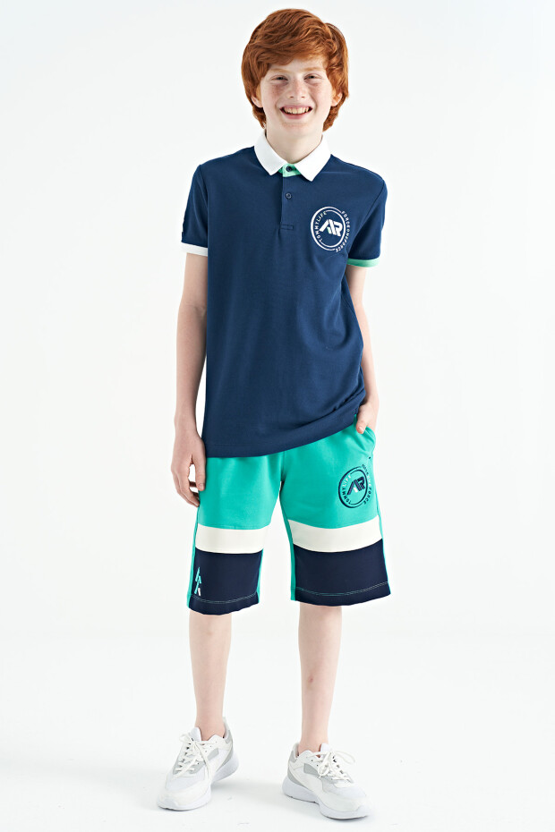 İndigo Kol Ucu Renkli Logo Nakışlı Standart Kalıp Polo Yaka Erkek Çocuk T-Shirt - 11138