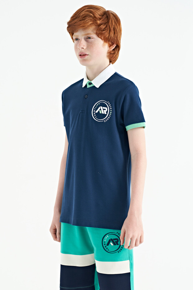İndigo Kol Ucu Renkli Logo Nakışlı Standart Kalıp Polo Yaka Erkek Çocuk T-Shirt - 11138