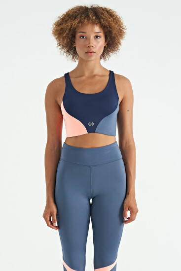 İndigo Logo Baskılı Renk Bloklu Sırt Çapraz Detaylı Dalgıç Kumaş Kadın Büstiyer - 97260 - TOMMYLIFE