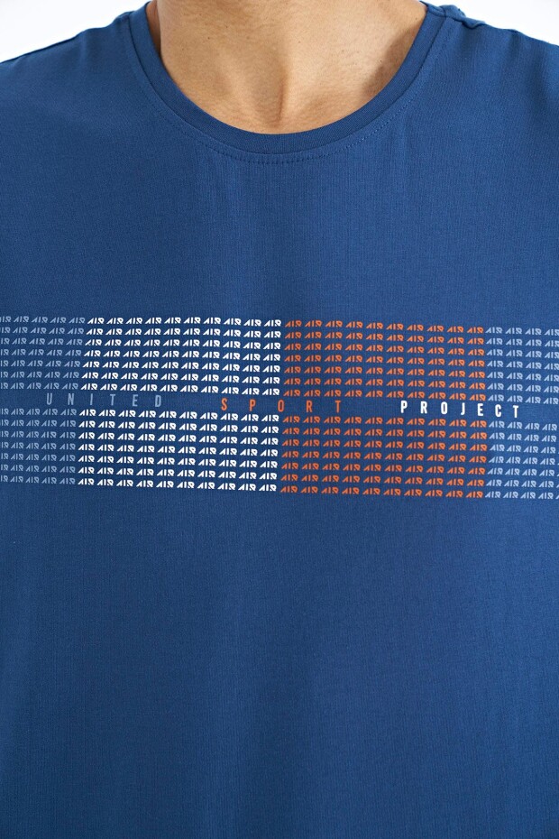 İndigo Minimal Yazı Baskılı Standart Kalıp Erkek T-shirt - 88182
