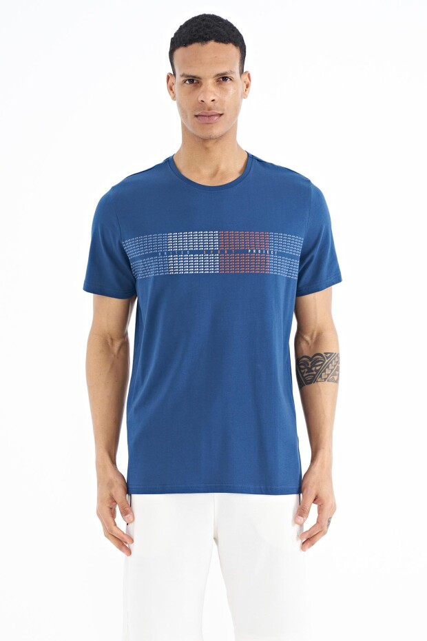 İndigo Minimal Yazı Baskılı Standart Kalıp Erkek T-shirt - 88182