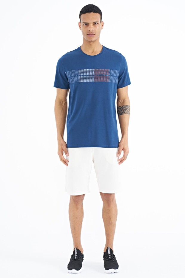 İndigo Minimal Yazı Baskılı Standart Kalıp Erkek T-shirt - 88182