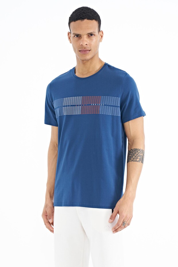 İndigo Minimal Yazı Baskılı Standart Kalıp Erkek T-shirt - 88182