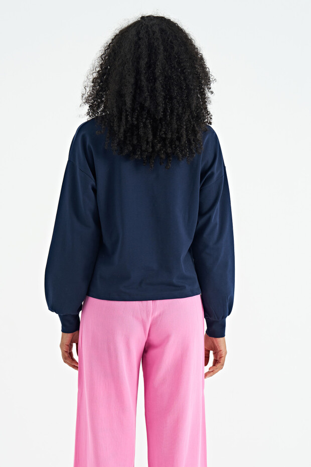 İndigo Nakış Detaylı Balon Kol Crop Basic Kadın Sweatshirt - 02118