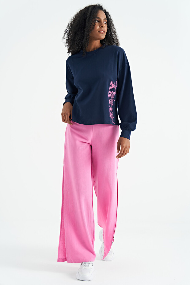 İndigo Nakış Detaylı Balon Kol Crop Basic Kadın Sweatshirt - 02118