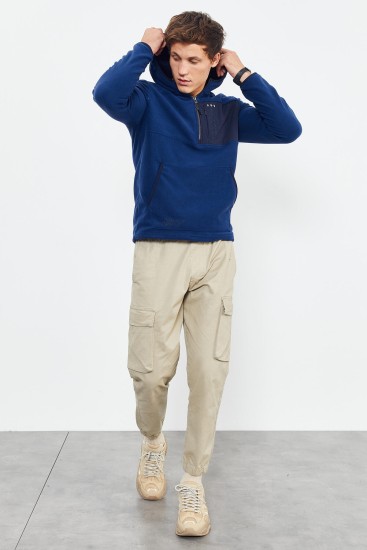 İndigo Nakışlı Yarım Fermuar Kapüşonlu Standart Kalıp Erkek Polar Sweatshirt - 87996 - TOMMYLIFE (1)