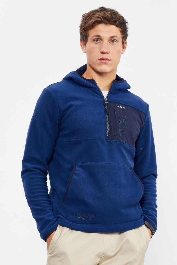 İndigo Nakışlı Yarım Fermuar Kapüşonlu Standart Kalıp Erkek Polar Sweatshirt - 87996 - 3