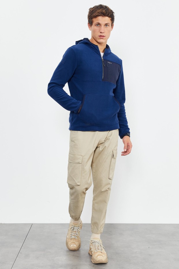 İndigo Nakışlı Yarım Fermuar Kapüşonlu Standart Kalıp Erkek Polar Sweatshirt - 87996 - 4