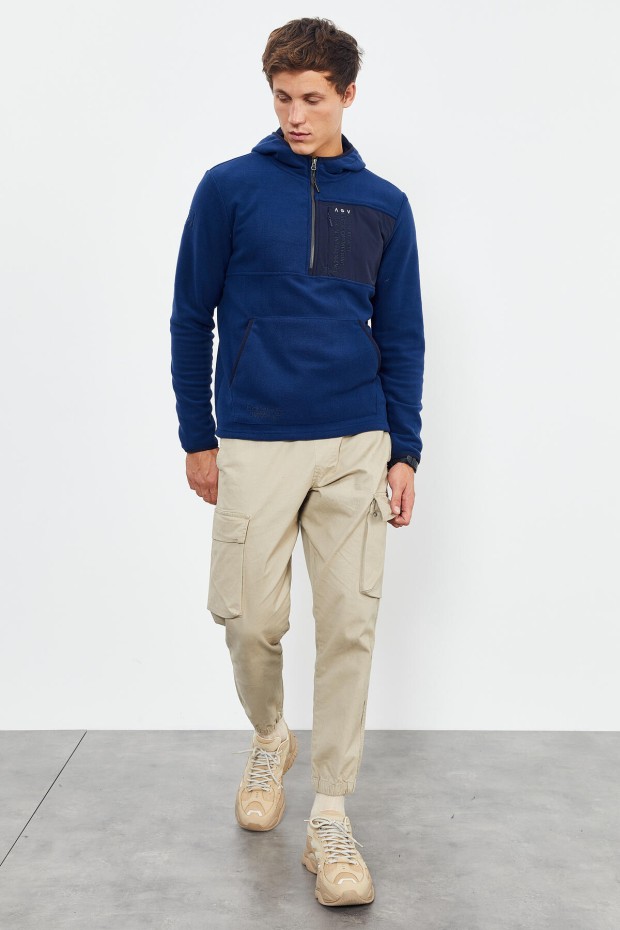 İndigo Nakışlı Yarım Fermuar Kapüşonlu Standart Kalıp Erkek Polar Sweatshirt - 87996 - 6