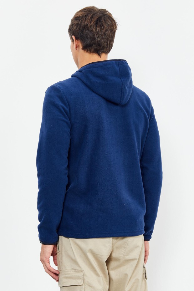 İndigo Nakışlı Yarım Fermuar Kapüşonlu Standart Kalıp Erkek Polar Sweatshirt - 87996 - 7