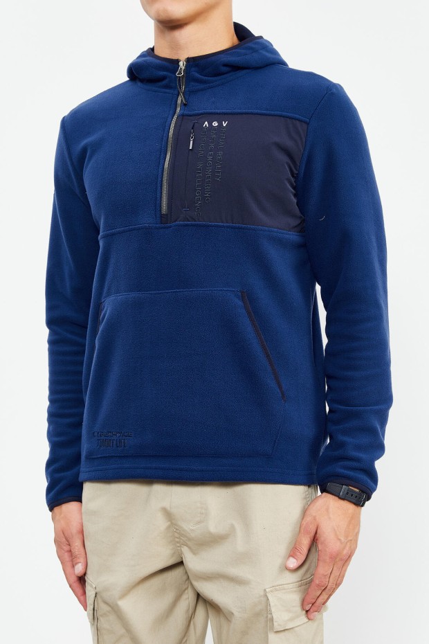 İndigo Nakışlı Yarım Fermuar Kapüşonlu Standart Kalıp Erkek Polar Sweatshirt - 87996 - 8