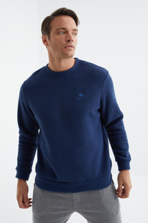 İndigo O Yaka Basic Rahat Form Erkek Havlu Polar Sweatshirt - 88163