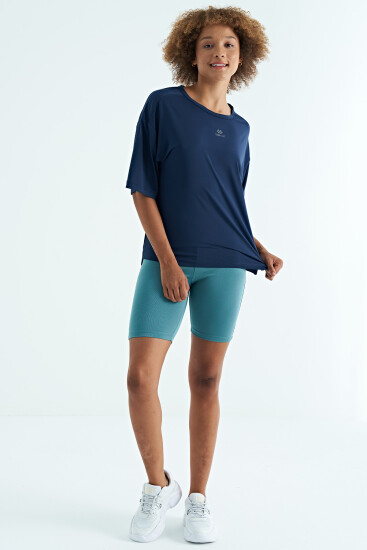 İndigo O Yaka Baskı Detaylı Oversize Kısa Kol Kadın T-Shirt - 97263 