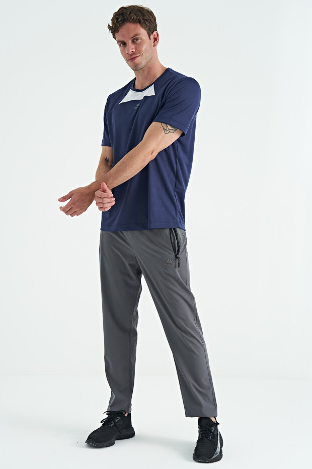İndigo O Yaka Standart Kalıp Garni Detaylı Aktif Spor Erkek T-Shirt - 88253
