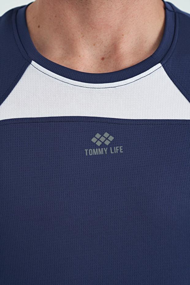 İndigo O Yaka Standart Kalıp Garni Detaylı Aktif Spor Erkek T-Shirt - 88253
