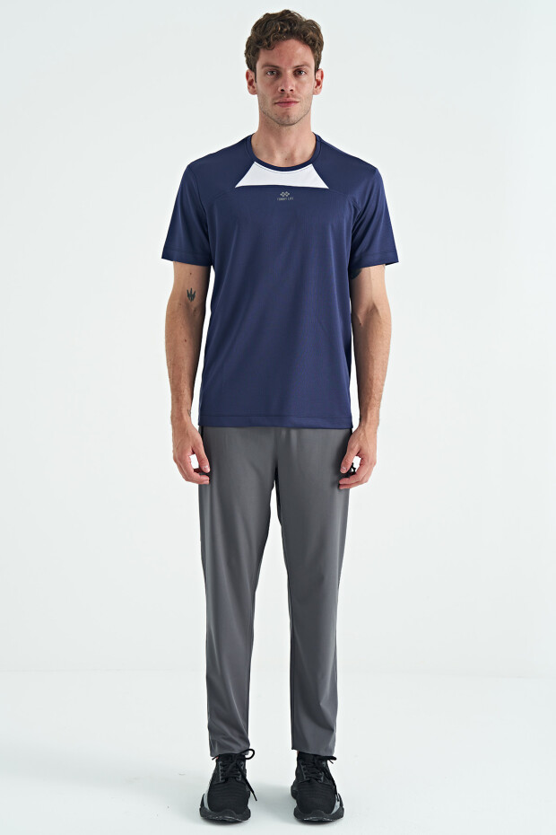 İndigo O Yaka Standart Kalıp Garni Detaylı Aktif Spor Erkek T-Shirt - 88253