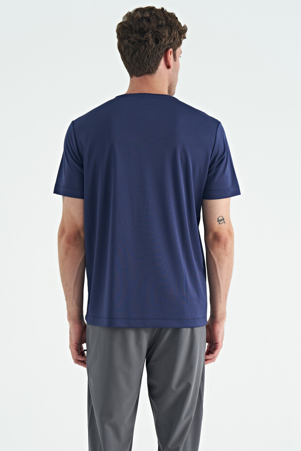 İndigo O Yaka Standart Kalıp Garni Detaylı Aktif Spor Erkek T-Shirt - 88253