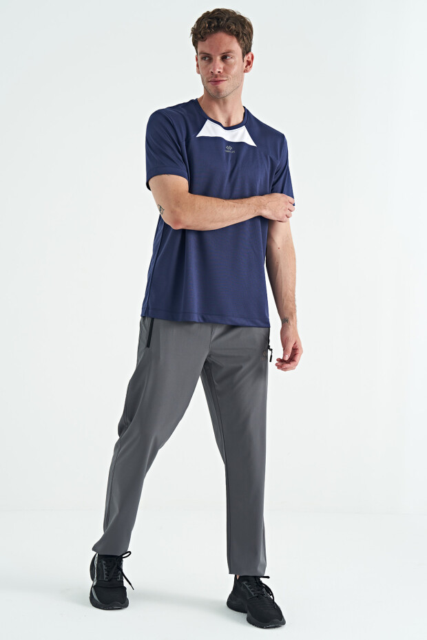 İndigo O Yaka Standart Kalıp Garni Detaylı Aktif Spor Erkek T-Shirt - 88253