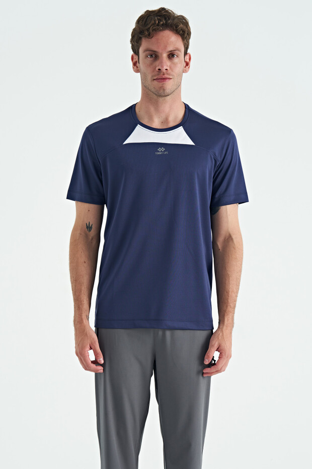 İndigo O Yaka Standart Kalıp Garni Detaylı Aktif Spor Erkek T-Shirt - 88253