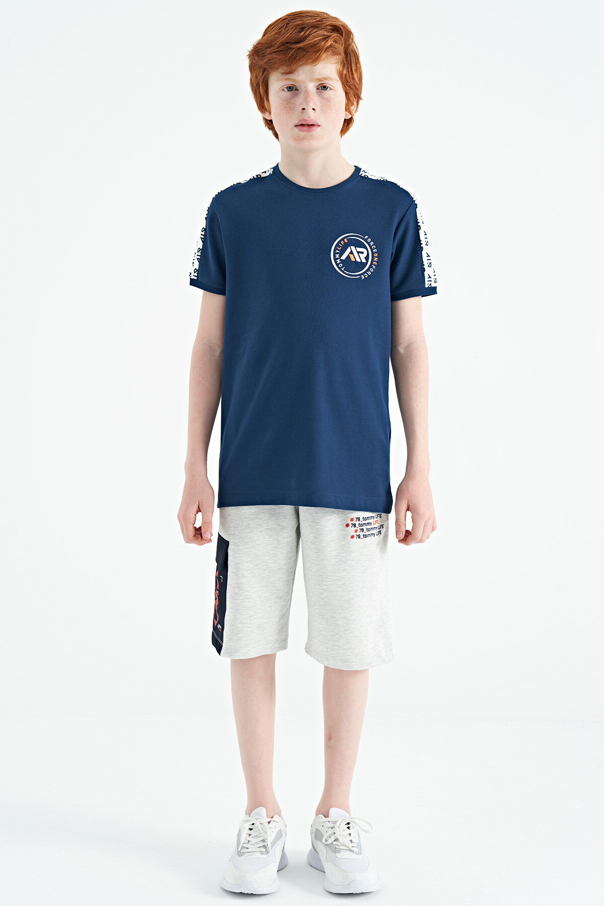 İndigo Omuz Baskı Detaylı Standart Kalıp O Yaka Erkek Çocuk T-Shirt - 11121 - TOMMYLIFE (1)