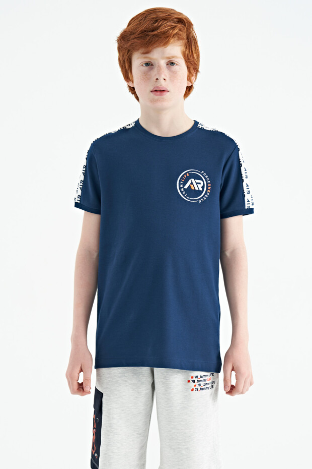 İndigo Omuz Baskı Detaylı Standart Kalıp O Yaka Erkek Çocuk T-Shirt - 11121 - 1
