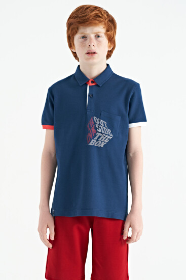 İndigo Ön Cep Detaylı Baskılı Standart Kalıp Polo Yaka Erkek Çocuk T-Shirt - 11102 