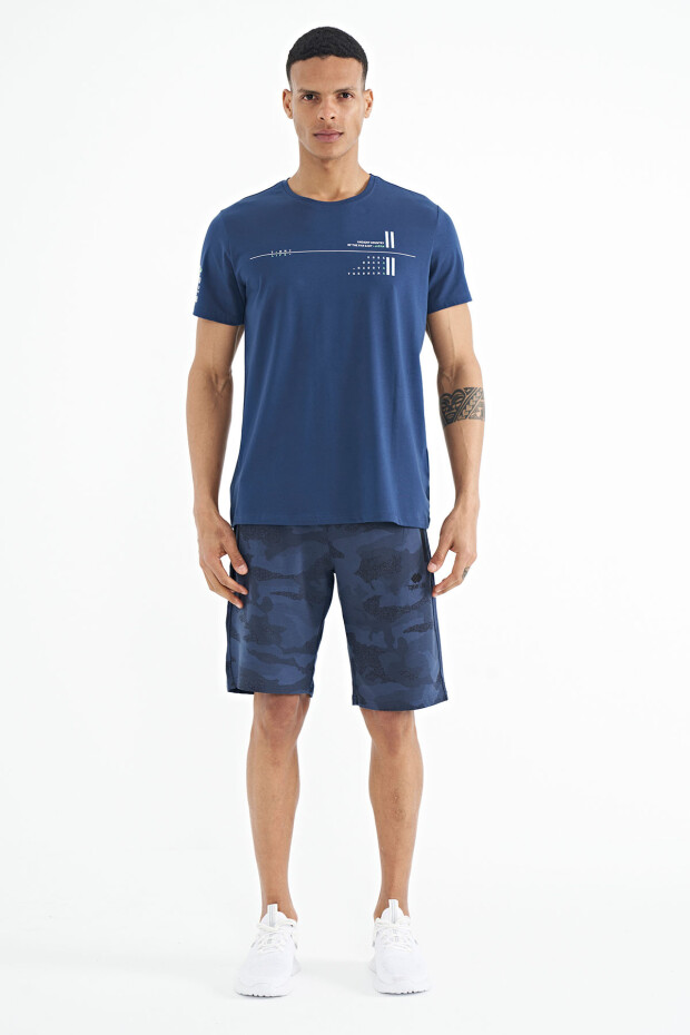 İndigo Ön Ve Kol Baskı Detaylı Standart Form O Yaka Erkek T-shirt - 88213