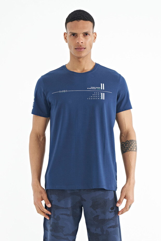 İndigo Ön Ve Kol Baskı Detaylı Standart Form O Yaka Erkek T-shirt - 88213