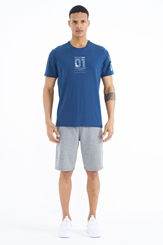 İndigo Ön ve Tek Kol Baskı Detaylı O Yaka Erkek T-shirt - 88176