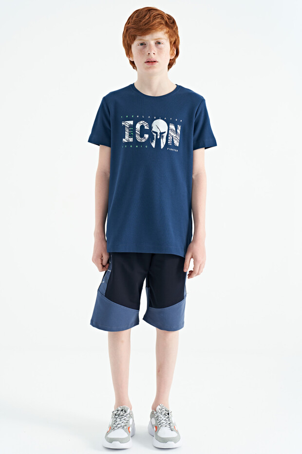 İndigo Ön Yazı Nakışlı O Yaka Standart Kalıp Erkek Çocuk T-Shirt - 11118 - 2